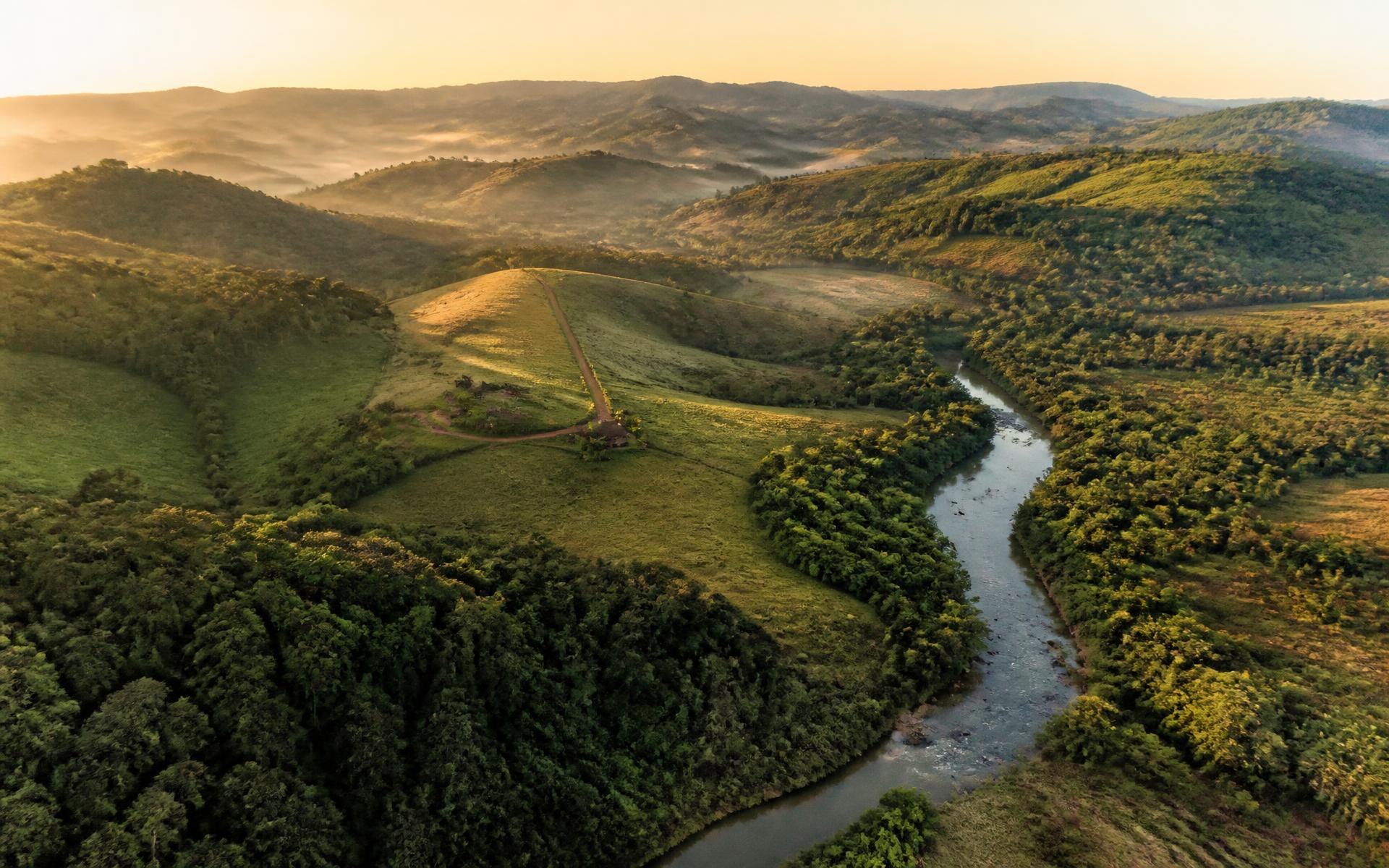 Vista aérea de vale em Minas Gerais com mata nativa, curso d'água e pastagem ao amanhecer